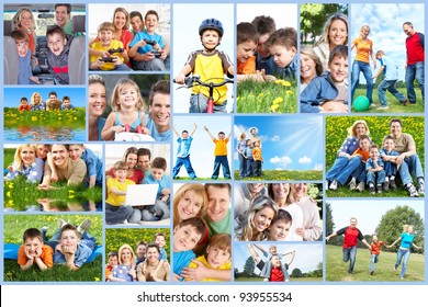 Happy Family Collage Background. People Outdoors.