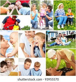 Happy Family Collage Background. People Outdoors.