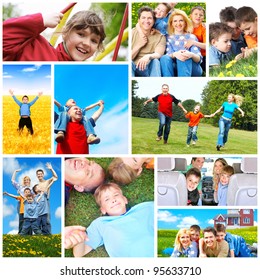 Happy Family Collage Background. People Outdoors.