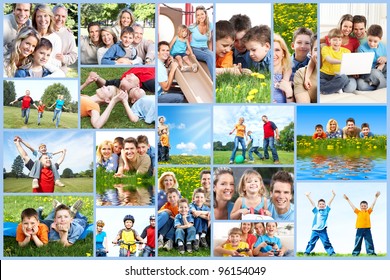 Happy Family Collage Background. People Outdoors.