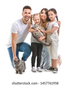 Happy Family With Cute Cats On White Background