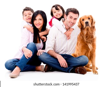 Happy Family With A Dog - Isolated Over A White Background