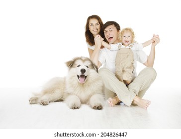 Happy Family And Dog, Smiling Father Mother And Laughing Baby Siting Over White Background 