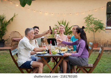 Happy Family Eating And Drinking Red Wine At Dinner Barbecue Party Outside. Mature And Young People Dining Together On Backyard. Youth And Elderly Weekend Lifestyle Activities