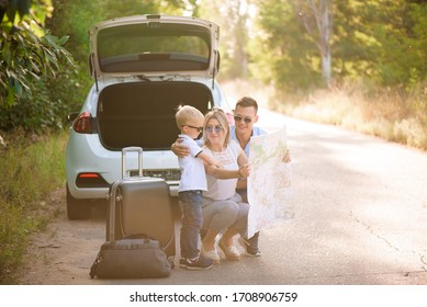 Happy Family Enjoy Car Trip And Summer Vacation.