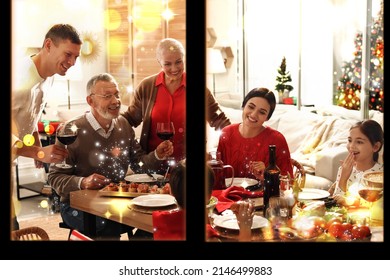 Happy Family Enjoying Festive Dinner At Home, View Through Window. Christmas Celebration