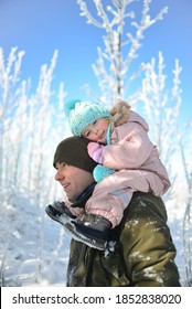 Happy Family Enjoys Walking Through The Snowy Forest, Winter Fun.