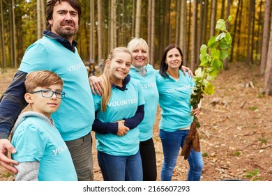 Happy Family As An Environmentalist Team With Seedling At A Reforestation Campaign In The Forest