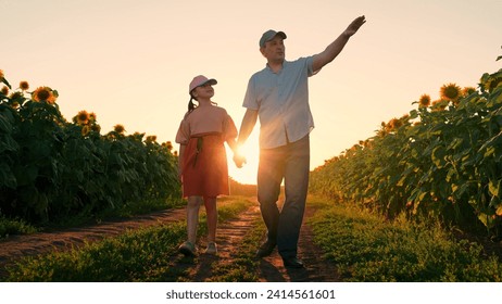 Happy family, father, daughter, child walking through sunflower field, summer. Family business, farmers. Farmer father working in sunflower field with child. Dad, child grows sunflower seeds. Sunset - Powered by Shutterstock