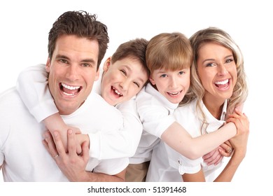 Happy Family. Father, Mother And Children. Over White Background