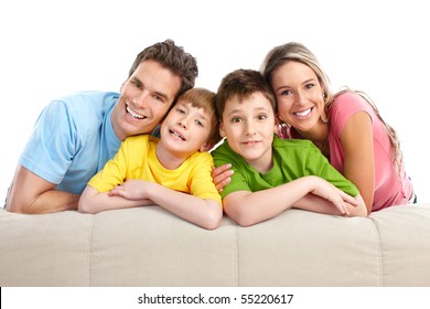 Happy Family. Father, Mother And Children. Over White Background