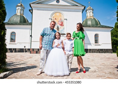 Happy Family At First Holy Communion Background Church 