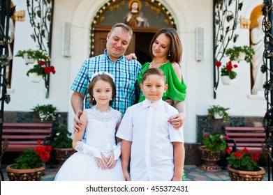 Happy Family At First Holy Communion Stay Background Church