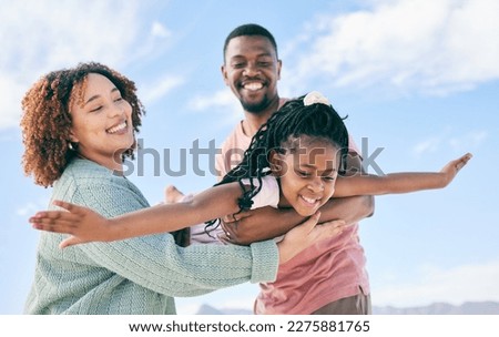 Happy family, fly or girl with parents at beach on summer holiday vacation or weekend together. African dad, funny mother or excited child love bonding, laughing or relaxing while playing in nature