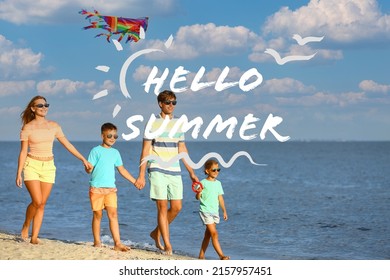 Happy Family Flying Kite On Sea Beach. Hello, Summer