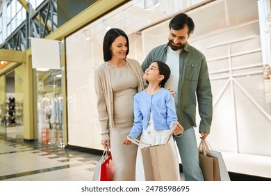 A happy family of four, holding multiple colorful shopping bags while walking through a bustling mall on a weekend outing. - Powered by Shutterstock