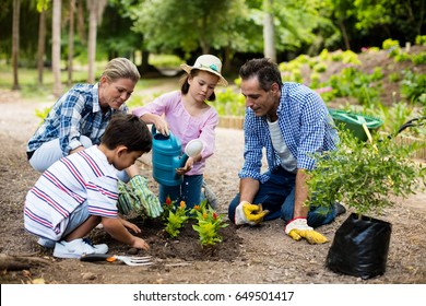 Happy Family Gardening Together In Garden