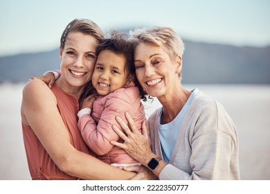 Happy Family Generation, Beach Hug And Portrait Of Grandmother, Mother And Adoption Child Bonding, Relax And Enjoy Quality Time Together. Winter Peace, Freedom And Family Love Of Grandma, Mom And Kid