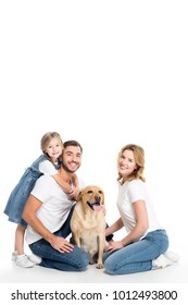 Happy Family With Golden Retriever Dog, Isolated On White