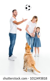 Happy Family And Golden Retriever Dog Playing Football, Isolated On White