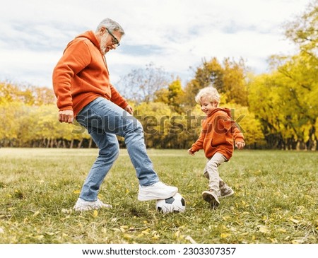 Happy family grandfather and grandson play football on lawn in the park
