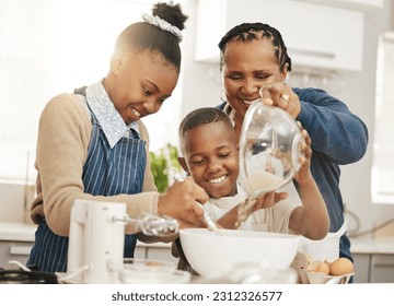 Happy family, grandma teaching kids baking and learning baker skill in kitchen with help and support. Old woman, girl and boy with flour, development for growth and bake with ingredients at home - Powered by Shutterstock