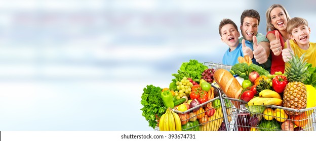 Happy Family With Grocery Shopping Cart.