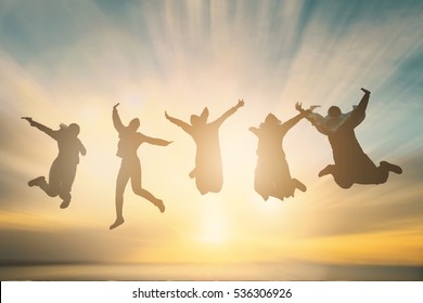 Happy Family Group Feel Proud And Celebrate Good Life To Great Wellness Support Team Concept For People Financial Freedom, Friends Day. New Generation Fly Jump On Summer Landscape Sunset Background. 