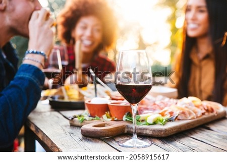 Happy family having barbecue party in backyard - Young friends celebrating at dinner drinking red wine at sunset - Focus on wine glass