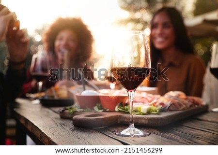 Happy family having barbeque dinner party in home garden - Friends eating appetizers and drinking red wine in outdoor restaurant table - Winery, dining lifestyle and beverage concept