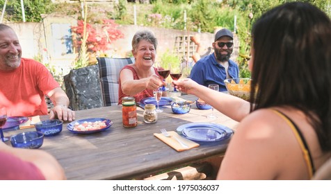 Happy Family Having Fun At Barbecue Dinner Outdoor In The Garden - Multi Generational People Cheering With Red Wine