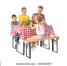 Happy Family Having Picnic At Table On White Background