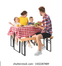 Happy Family Having Picnic At Table On White Background
