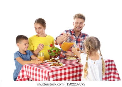 Happy Family Having Picnic At Table On White Background