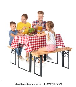 Happy Family Having Picnic At Table On White Background