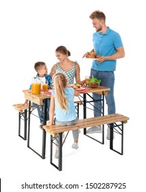 Happy Family Having Picnic At Table On White Background