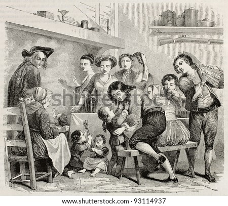 Happy family in home interior old illustration. Created by Couchin, published on Magasin Pittoresque, Paris, 1845
