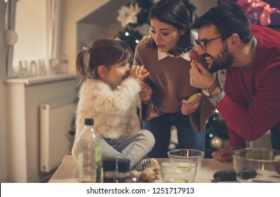 Happy Family. Family At Home Making Christmas Dinner.