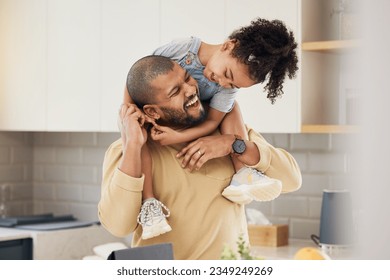 Happy family, hug and father and girl child in a kitchen with piggyback, games and fun, breakfast and laugh at home. Love, smile and parent with kid embrace, playful and bonding in a house on weekend - Shutterstock ID 2349249269