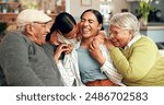 Happy family, hug and laugh on sofa for reunion, trust or support at home on weekend. Grandparents, love or woman with kid for bonding, excited or funny story telling from past memories or connection