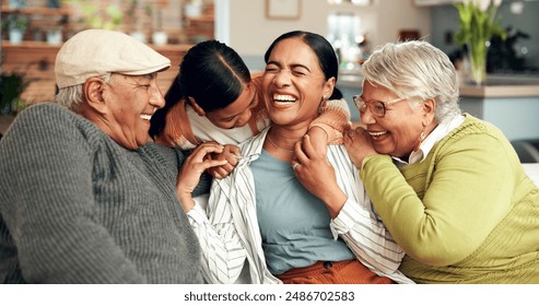 Happy family, hug and laugh on sofa for reunion, trust or support at home on weekend. Grandparents, love or woman with kid for bonding, excited or funny story telling from past memories or connection - Powered by Shutterstock