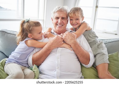 Happy Family Hug, Love And Grandfather With Children, Youth Or Grandkids Playing Together, Bonding And Have Fun. Happiness And Portrait Of Senior Grandparent With Kids Relax On Home Living Room Sofa