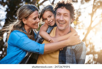 Happy family, hug and piggyback for girl with parents in a park with love, games and fun bonding in nature. Support, playing and people in a forest for back ride, travel and trust on vacation trip - Powered by Shutterstock