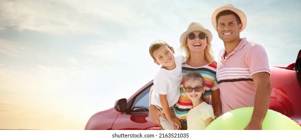 Happy Family With Inflatable Ring Near Car At Beach. Banner Design