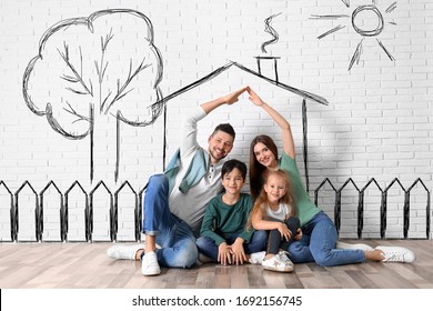 Happy Family With Kids Dreaming About New House. Illustrations On Brick Wall