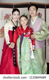 Happy Family In Korean Traditional Clothing, Hanbok