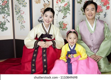 Happy Family In Korean Traditional Clothing, Hanbok