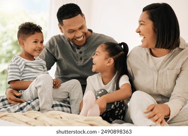 Happy family, laughing and morning with children on bed for funny weekend, joke or holiday at home. Mother, father and kids with smile or pajamas for wake up, comedy or bonding in bedroom at house - Powered by Shutterstock