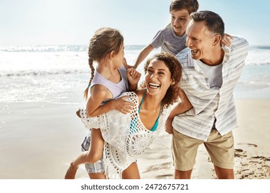 Happy family, laughing and piggyback at beach in summer for relax, travel and holiday in Miami. Parents, children and people at ocean with back ride for trust, vacation and bonding together by water - Powered by Shutterstock