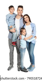 Happy Family With Little Children On White Background